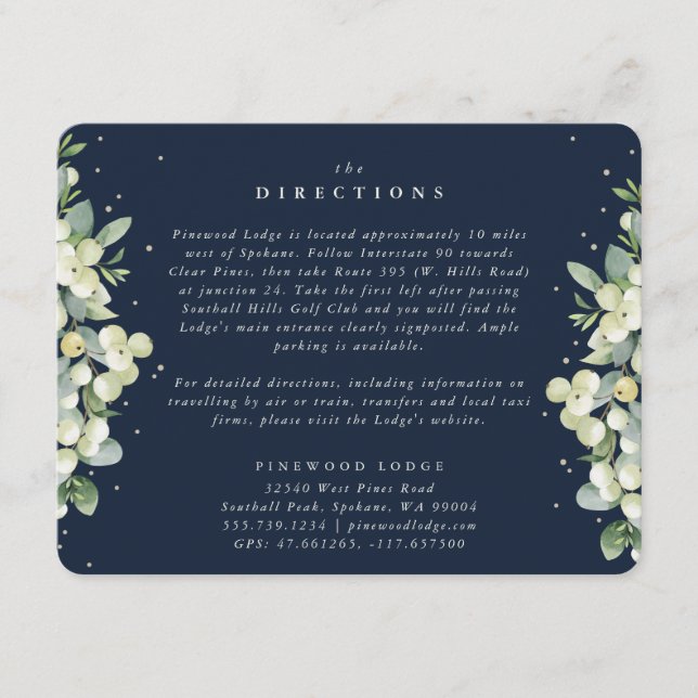Navy Snowberry+Eucalyptus Edged Wedding Directions Enclosure Card (Front)