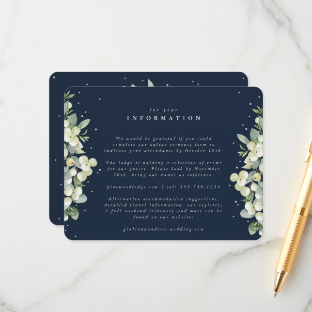 Navy Snowberry+Eucalyptus Edged Wedding Info Enclosure Card (Front/Back In Situ)