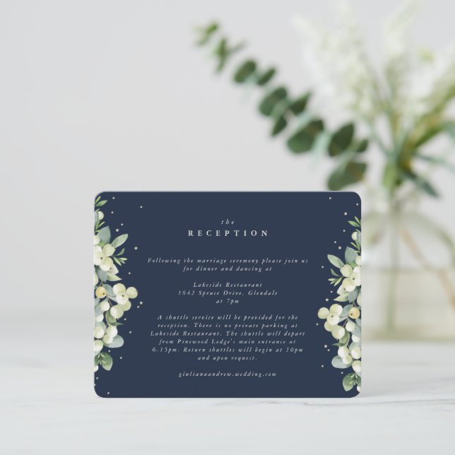 Navy Snowberry+Eucalyptus Edged Wedding Reception Enclosure Card (Standing Front)