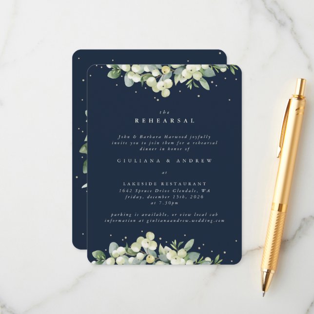 Navy Snowberry+Eucalyptus Edged Wedding Rehearsal Enclosure Card (Front/Back In Situ)