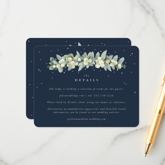 Navy Snowberry+Eucalyptus Garland Wedding Details Enclosure Card (Front/Back In Situ)