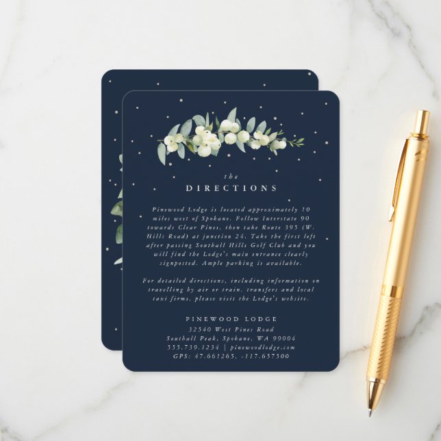 Navy Snowberry+Eucalyptus Stem Wedding Directions Enclosure Card (Front/Back In Situ)