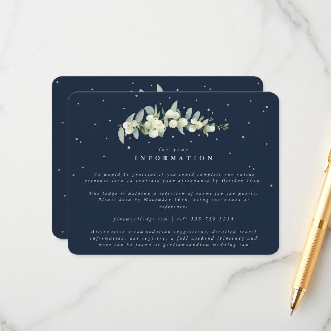 Navy Snowberry+Eucalyptus Stem Wedding Info Enclosure Card (Front/Back In Situ)