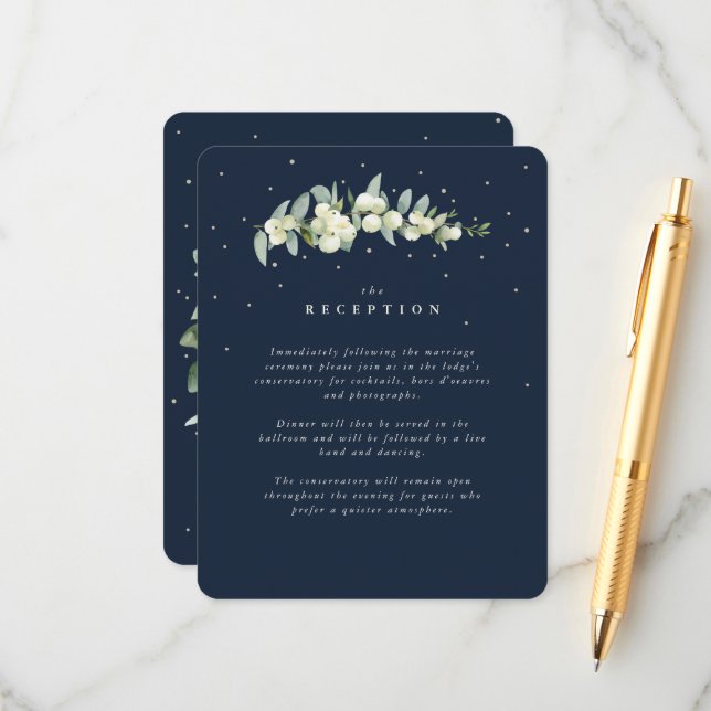 Navy Snowberry+Eucalyptus Stem Wedding Reception Enclosure Card (Front/Back In Situ)