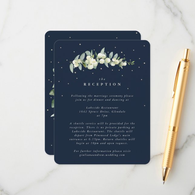 Navy Snowberry+Eucalyptus Stem Wedding Reception Enclosure Card (Front/Back In Situ)