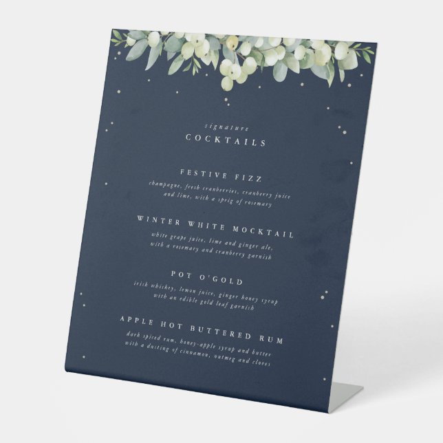 Navy Snowberry+Eucalyptus Wedding Drinks Menu Pedestal Sign (Front)