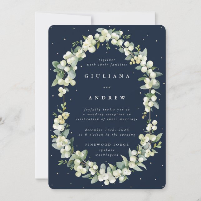 Navy Snowberry+Eucalyptus Wedding Reception Only Invitation (Front)