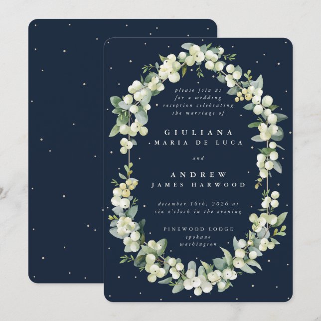 Navy Snowberry+Eucalyptus Wedding Reception Only Invitation (Front/Back)