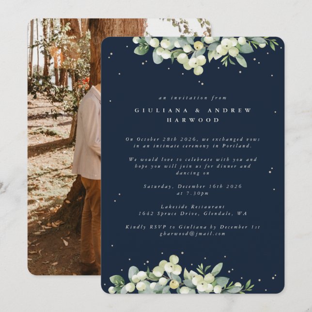 Navy Snowberry+Eucalyptus Wedding Reception Photo Invitation (Front/Back)