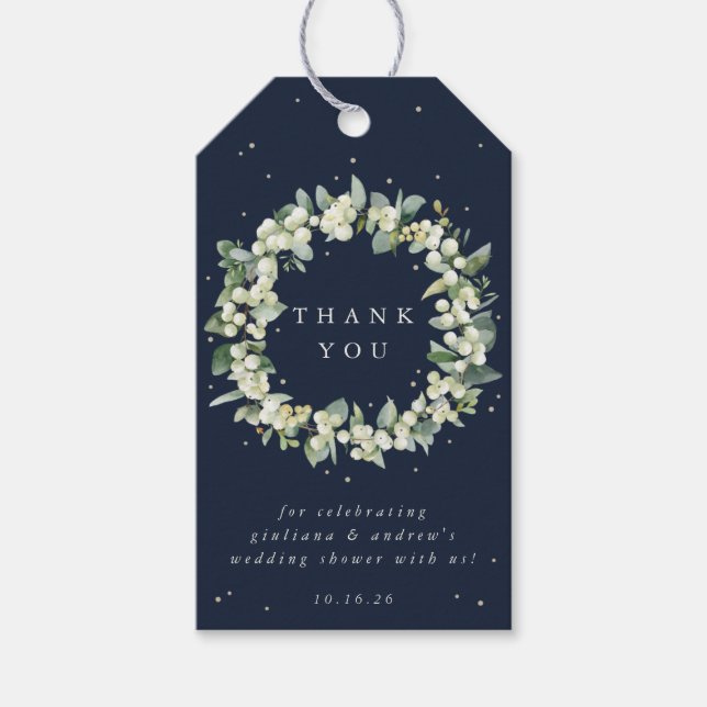 Navy Snowberry+Eucalyptus Wedding Shower Thanks Gift Tags (Front)