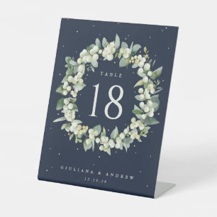 Navy Snowberry+Eucalyptus Wedding Table Number Pedestal Sign