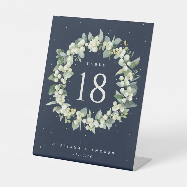 Navy Snowberry+Eucalyptus Wedding Table Number Pedestal Sign (Front)