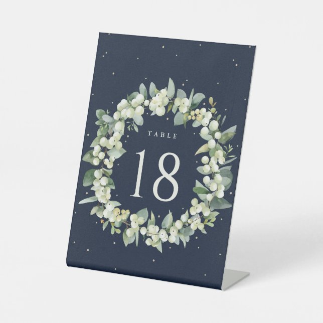 Navy Snowberry+Eucalyptus Wedding Table Number Pedestal Sign (Front)