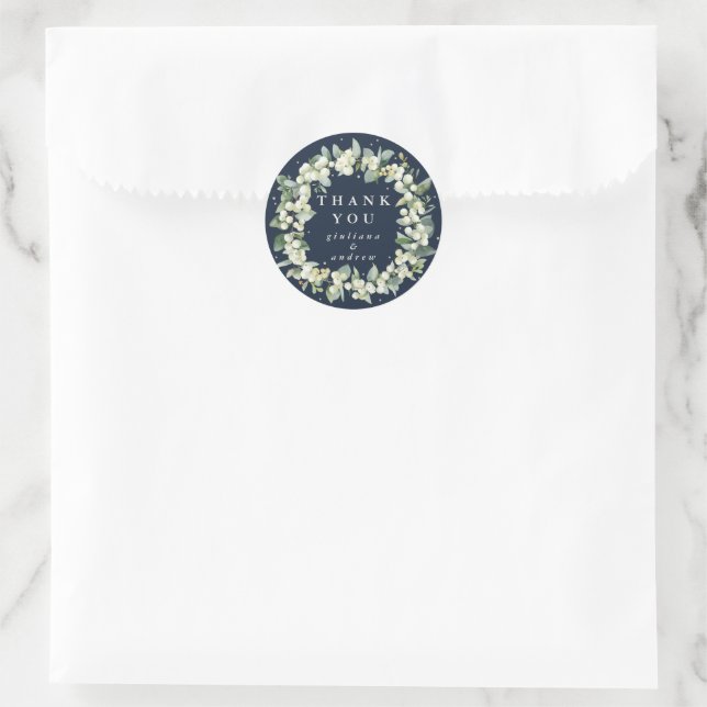 Navy Snowberry+Eucalyptus Wedding Thank You Classic Round Sticker (Bag)