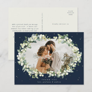 Navy Snowberry+Eucalyptus Wedding Thank You Photo Postcard