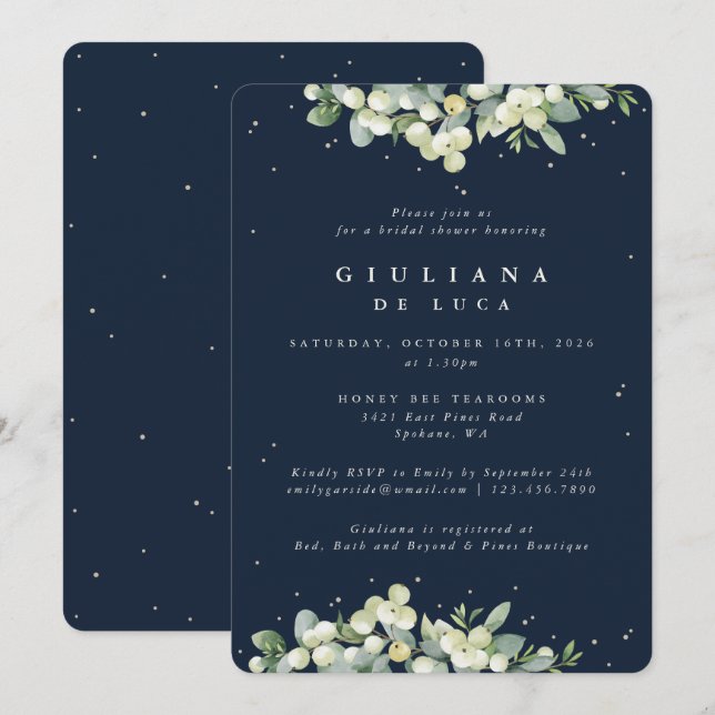 Navy Snowberry+Eucalyptus Winter Bridal Shower Invitation (Front/Back)