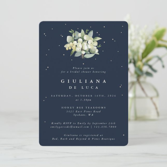 Navy Snowberry+Eucalyptus Winter Bridal Shower Invitation (Standing Front)