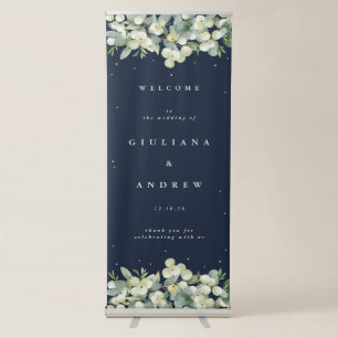 Navy Snowberry+Eucalyptus Winter Wedding Welcome Retractable Banner