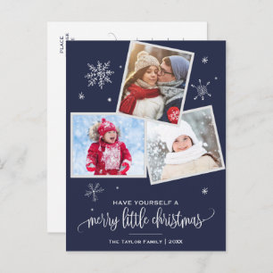 Navy Snowflake 3 Photo Christmas Holiday Postcard