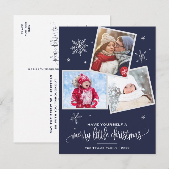 Navy Snowflake | 3 Photo Christmas Holiday Postcard (Front/Back)