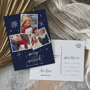 Navy Snowflake 3 Photo Engagement Christmas Holiday Postcard