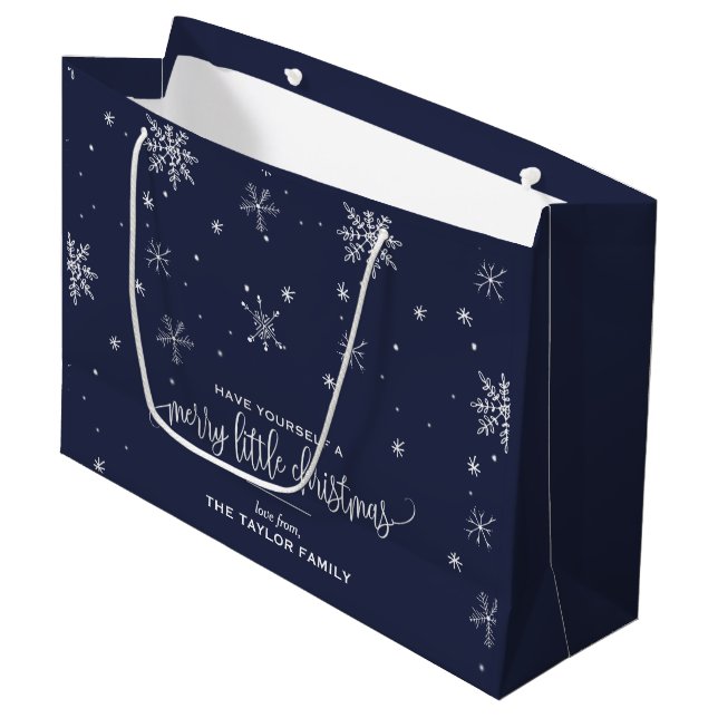 Navy Snowflake Christmas Large Gift Bag (Front Angled)