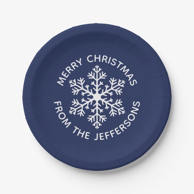 Navy Snowflake Christmas Paper Plates (Front)