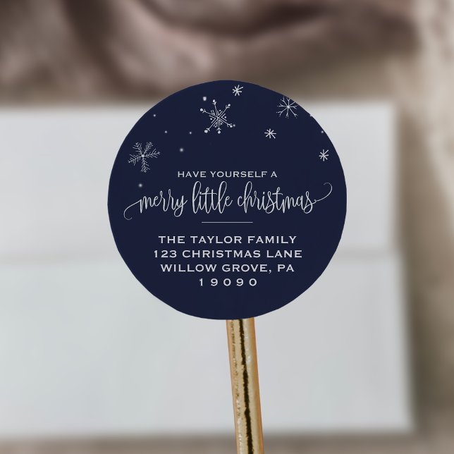 Navy Snowflake Christmas Return Address Classic Round Sticker (Creator Uploaded)