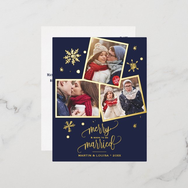Navy Snowflake Foil 3 Photo Engagement Christmas Foil Holiday Postcard (Front/Back)