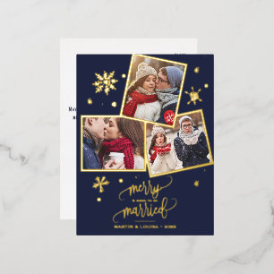 Navy Snowflake Foil 3 Photo Engagement Christmas Holiday Postcard