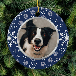Navy Snowflake Paw Pattern Pet Photo Ceramic Tree Decoration