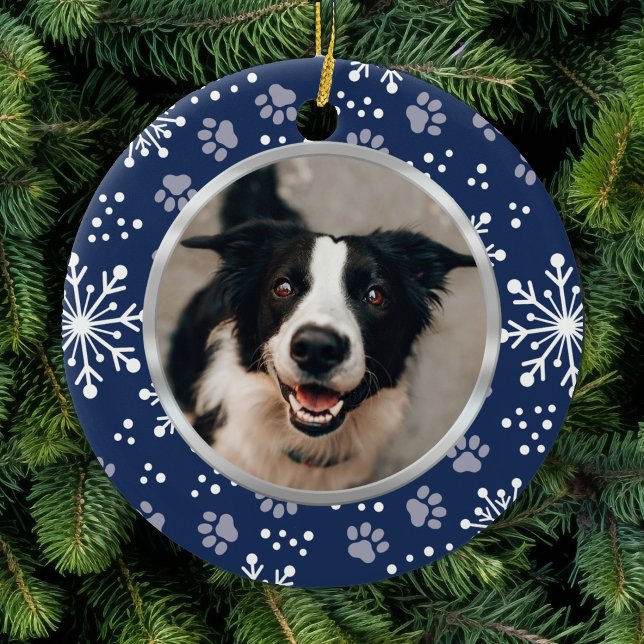 Navy Snowflake Paw Pattern Pet Photo Ceramic Tree Decoration (Creator Uploaded)