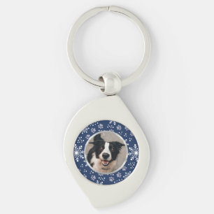 Navy Snowflake Paw Pattern Pet Photo Key Ring