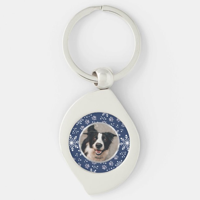 Navy Snowflake Paw Pattern Pet Photo Key Ring (Front)