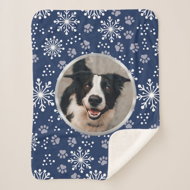 Navy Snowflake Paw Pattern Pet Photo Sherpa Blanket (Front)