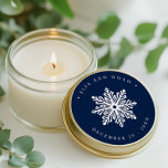 Navy Snowflake Wedding Christmas family address Cl Classic Round Sticker<br><div class="desc">Add a personalised touch to your envelopes, wedding favours, and more with these Elegant Snowflake navy blue wedding stickers. The design features a white line art illustration snowflake over navy blue background. Your names and wedding date are displayed in white lettering. For custom request, please contact us through the store...</div>