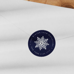 Navy Snowflake Wedding Christmas family address Cl Classic Round Sticker