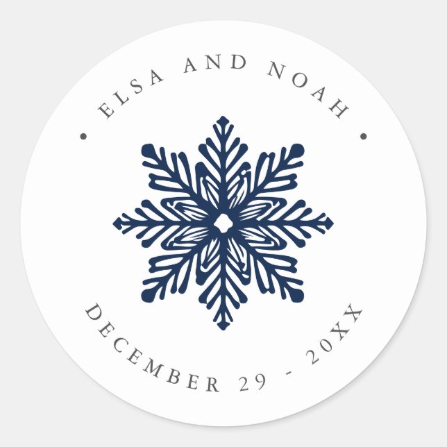 Navy Snowflake Wedding Christmas family address  Classic Round Sticker (Front)