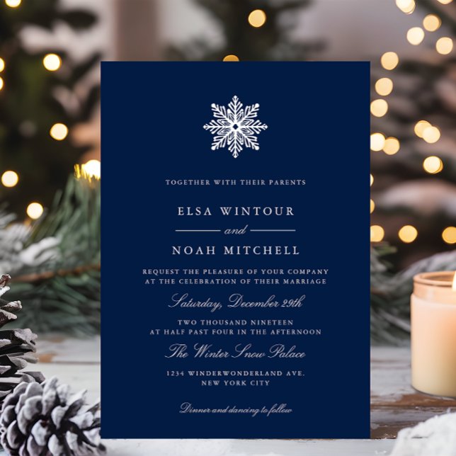 Navy Snowflake Winter Photo Formal Wedding Invitation (Creator Uploaded)