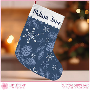 Navy Snowflakes and Pinecones Customizable Small Christmas Stocking
