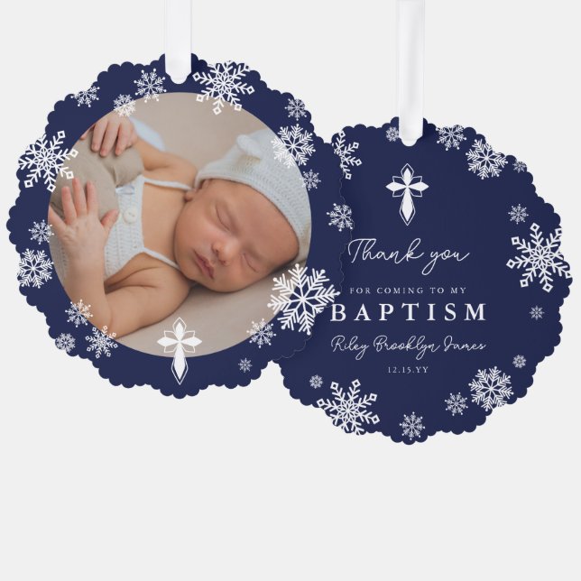 Navy Snowflakes Photo Winter Baptism Thank You Tree Decoration Card (Front/Back)