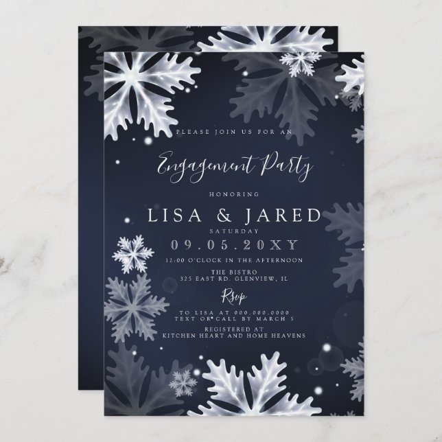 Navy Snowflakes Winter Engagement Party  Invitation (Front/Back)