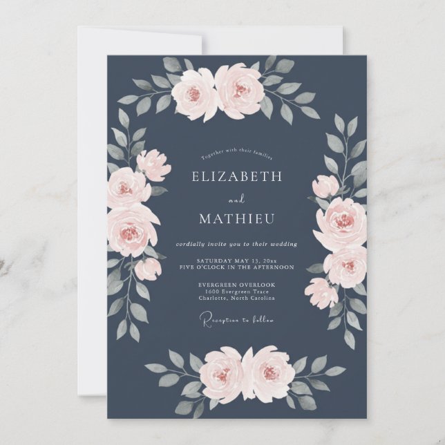 Navy Soft Blossom Arch Wedding Invitation (Front)