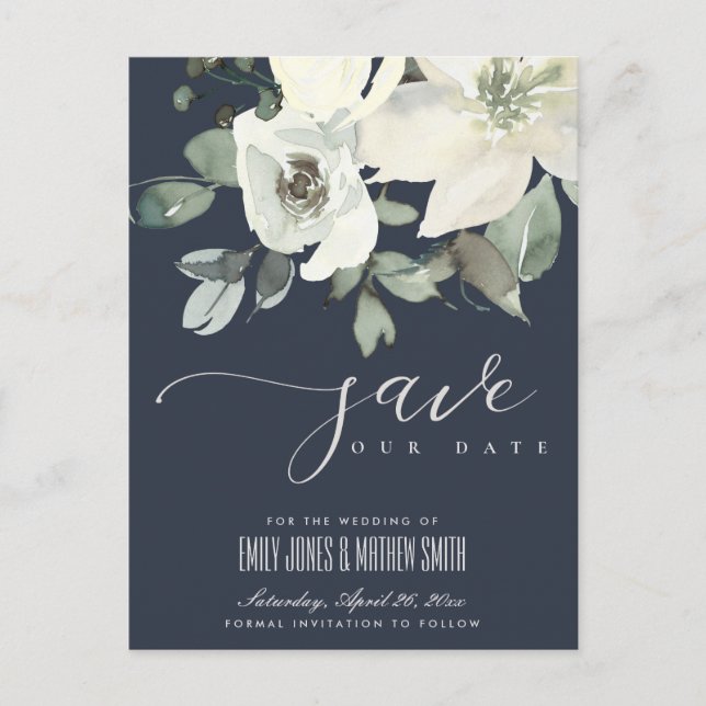 NAVY SOFT IVORY WHITE FLORAL BUNCH SAVE THE DATE ANNOUNCEMENT POSTCARD (Front)