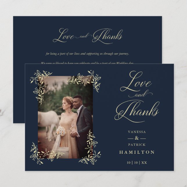 Navy Sophisticated Flourish Photo Wedding Love and Thank You Card (Front/Back)