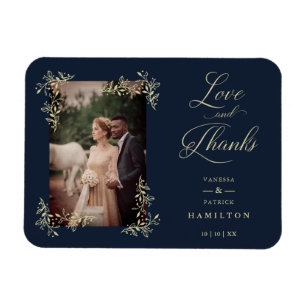 Navy Sophisticated Flourish Photo Wedding Thanks Magnet