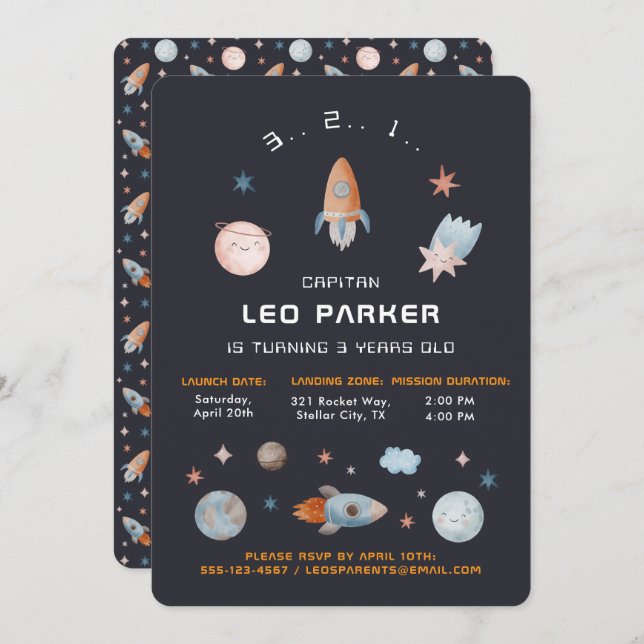 Navy Space | Galaxy Rocket Theme Invitation (Front/Back)