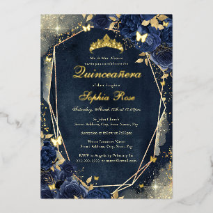 Navy Sparkle Gold Floral Butterfly Quinceanera