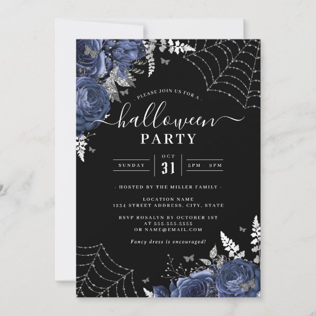 Navy Spooky Floral Cobwebs Halloween Party  Invitation (Front)