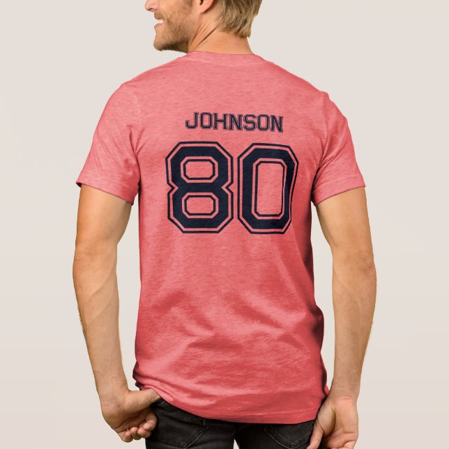 Navy Sports Team Custom Name, Number, Team Red Tri-Blend Shirt (Back)